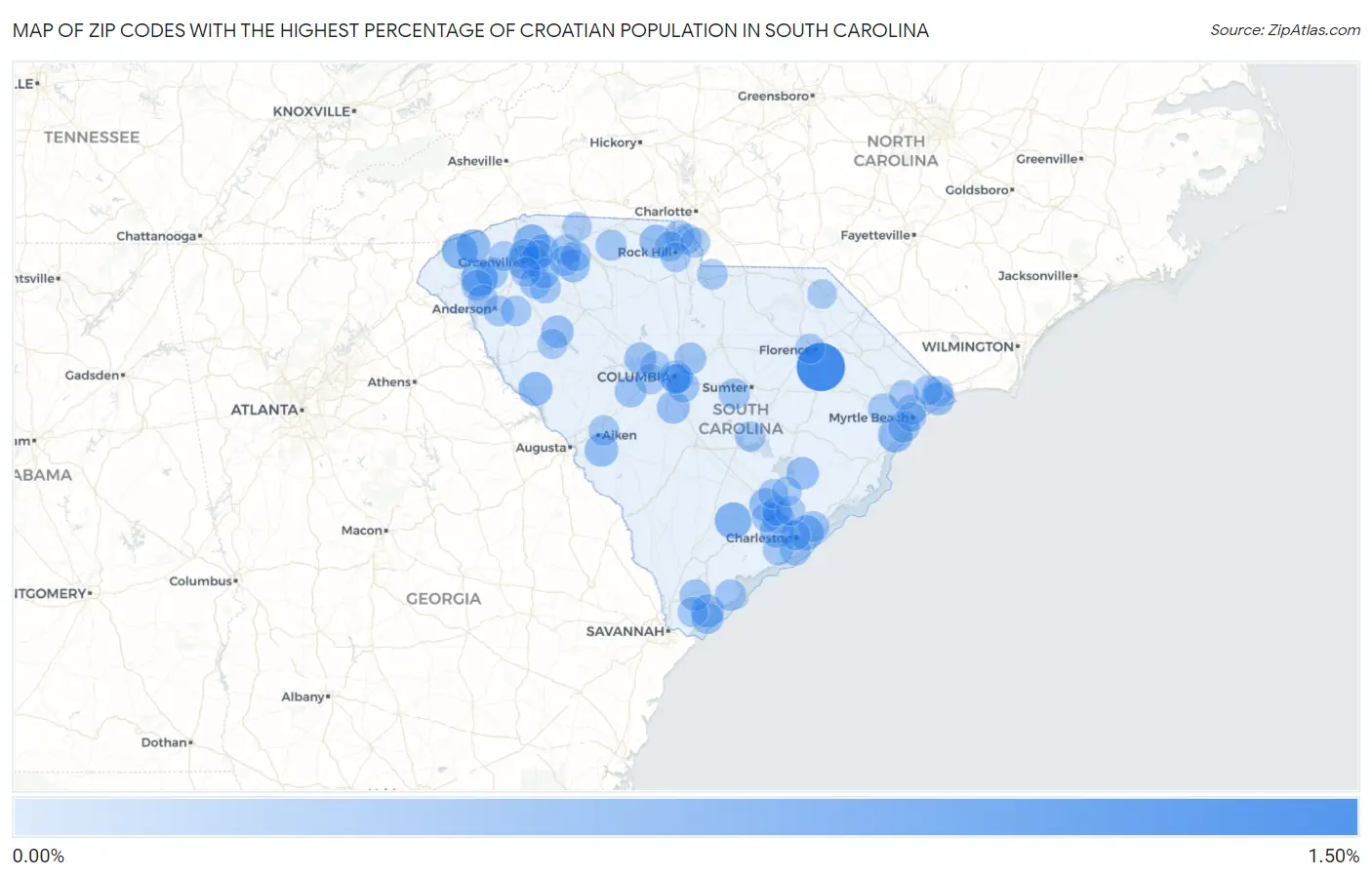 Zip Codes with the Highest Percentage of Croatian Population in South Carolina Map