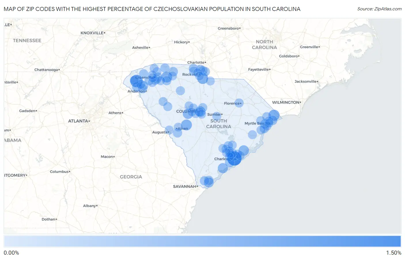 Zip Codes with the Highest Percentage of Czechoslovakian Population in South Carolina Map