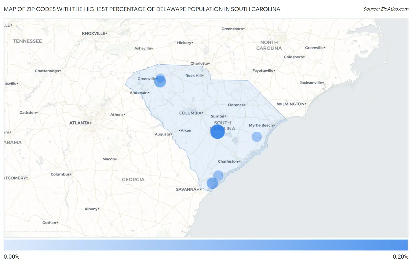 Zip Codes with the Highest Percentage of Delaware Population in South Carolina Map