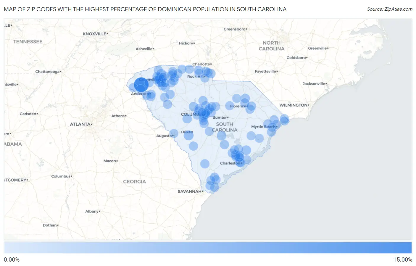Zip Codes with the Highest Percentage of Dominican Population in South Carolina Map