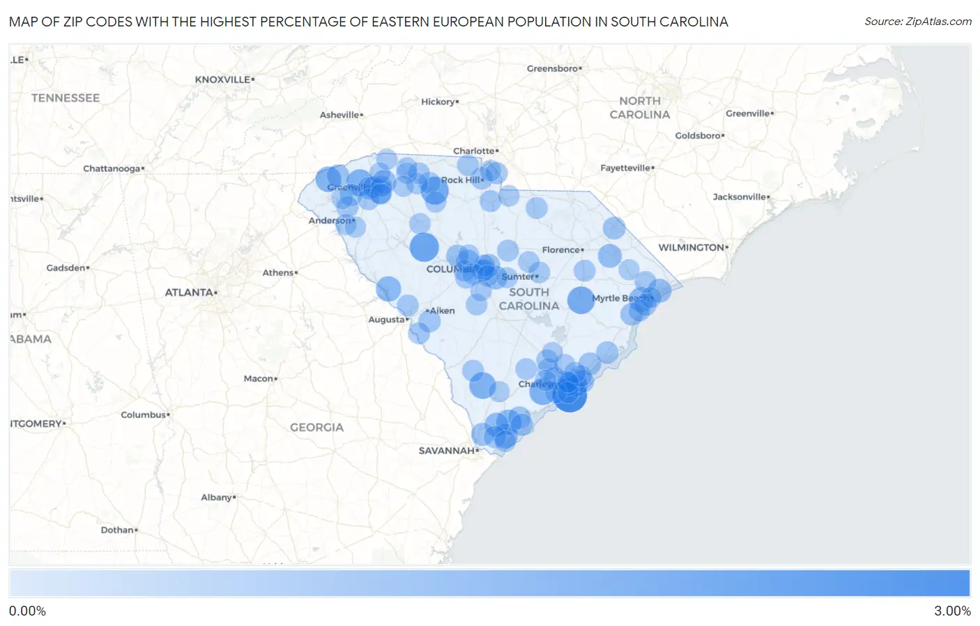 Zip Codes with the Highest Percentage of Eastern European Population in South Carolina Map