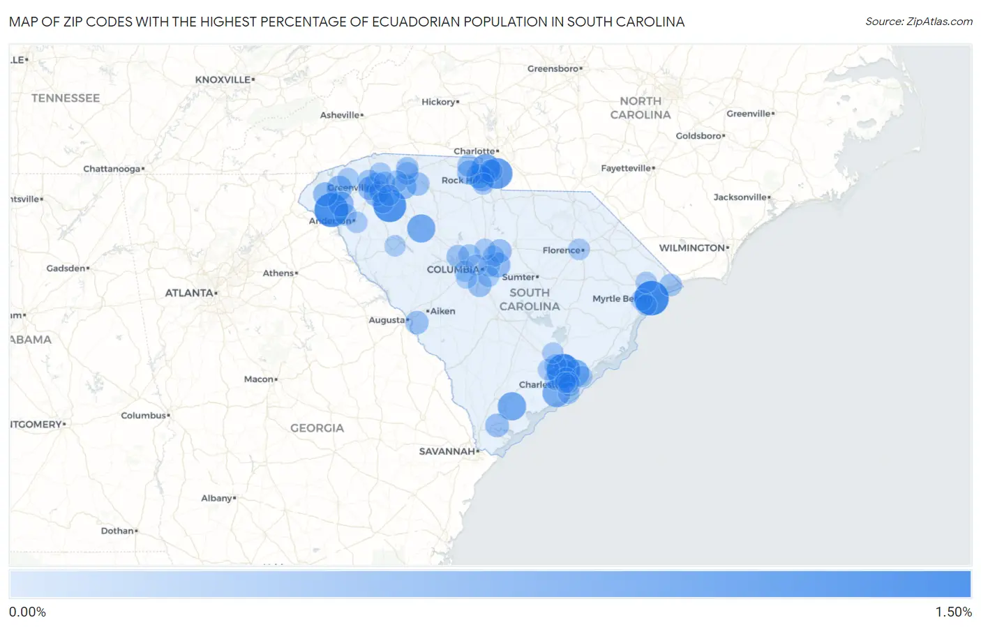 Zip Codes with the Highest Percentage of Ecuadorian Population in South Carolina Map