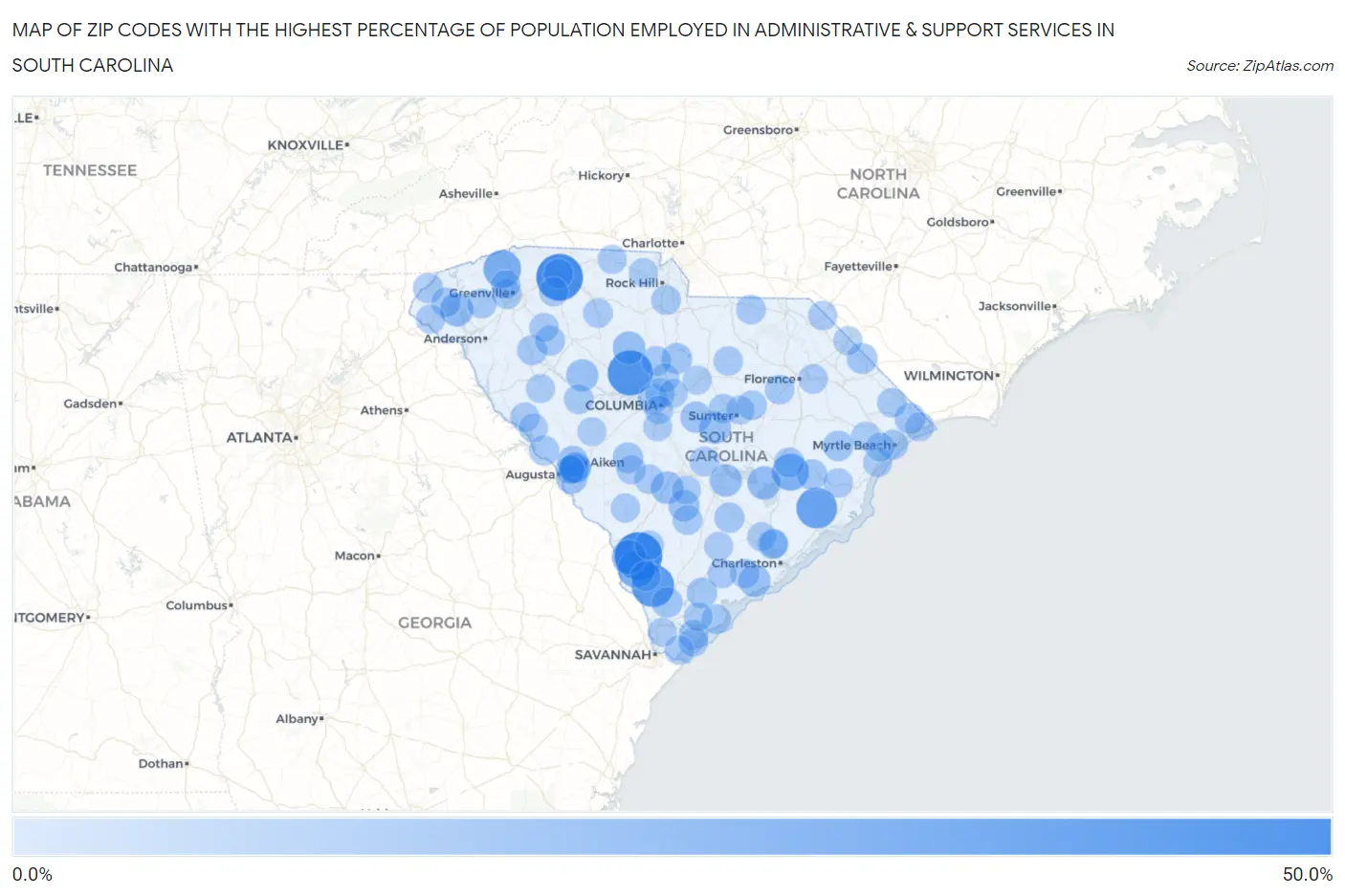 Zip Codes with the Highest Percentage of Population Employed in Administrative & Support Services in South Carolina Map