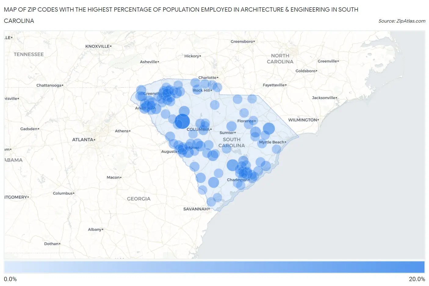Zip Codes with the Highest Percentage of Population Employed in Architecture & Engineering in South Carolina Map
