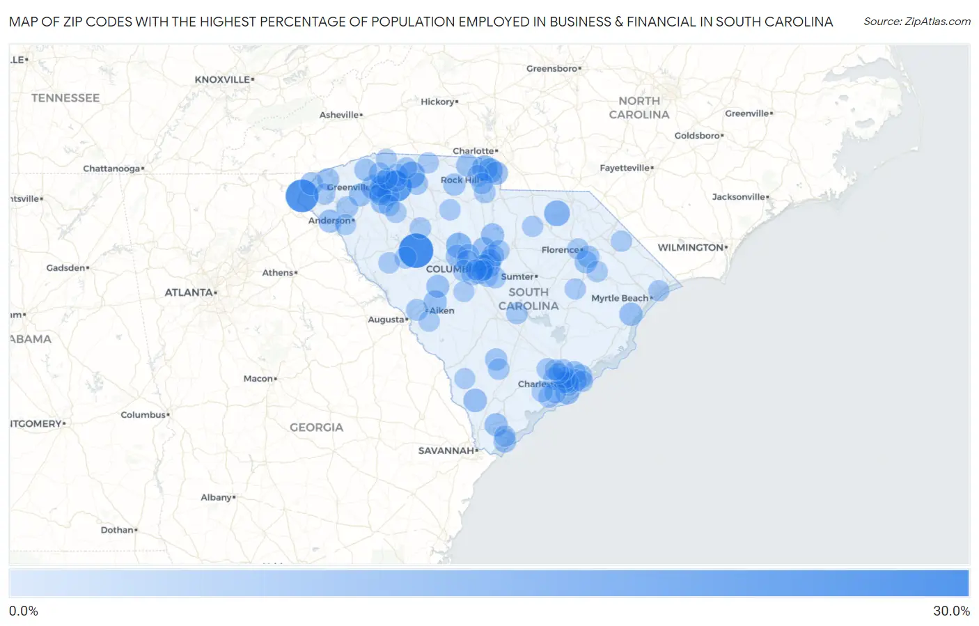 Zip Codes with the Highest Percentage of Population Employed in Business & Financial in South Carolina Map