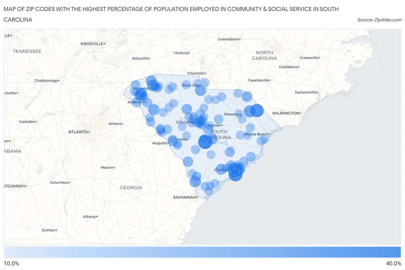 Zip Codes with the Highest Percentage of Population Employed in Community & Social Service  in South Carolina Map