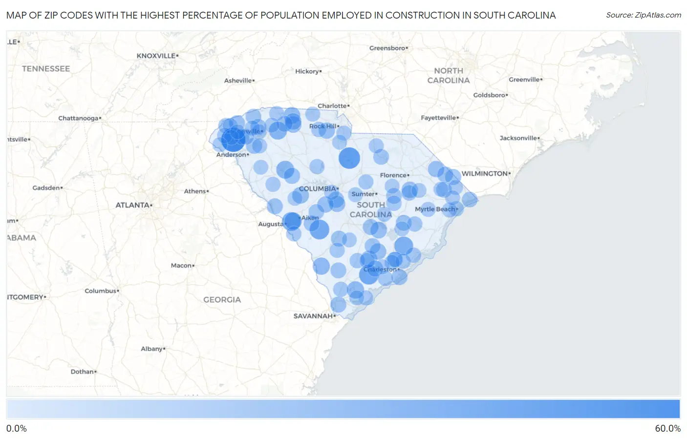 Zip Codes with the Highest Percentage of Population Employed in Construction in South Carolina Map