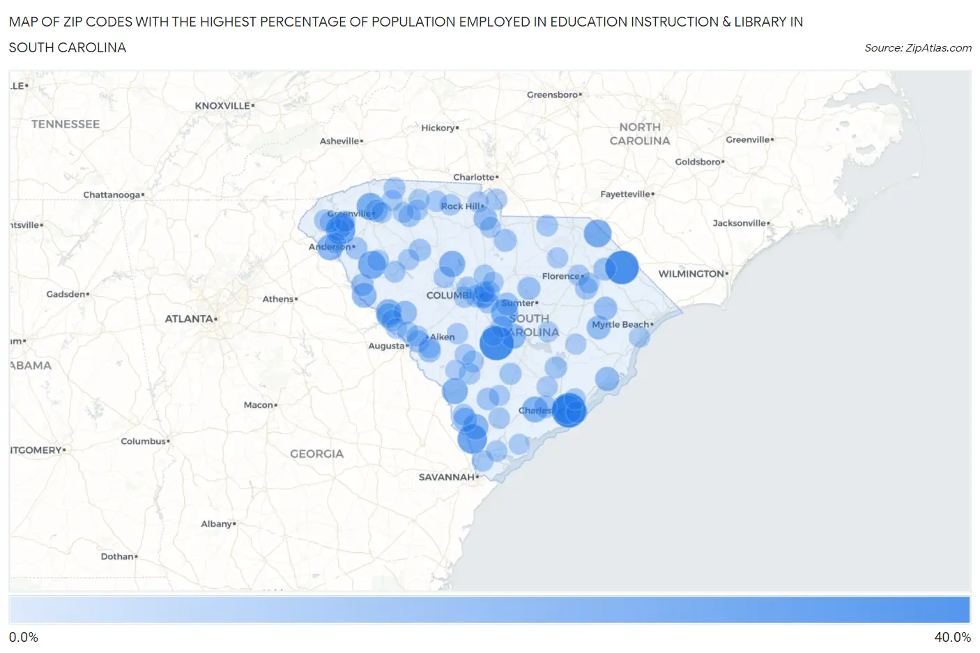 Zip Codes with the Highest Percentage of Population Employed in Education Instruction & Library in South Carolina Map