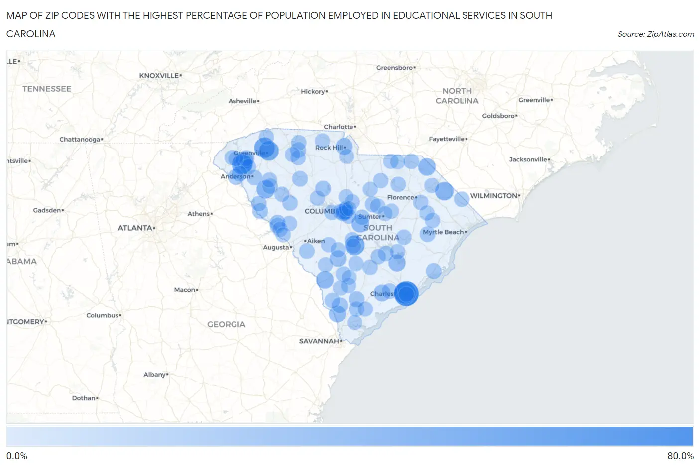 Zip Codes with the Highest Percentage of Population Employed in Educational Services in South Carolina Map