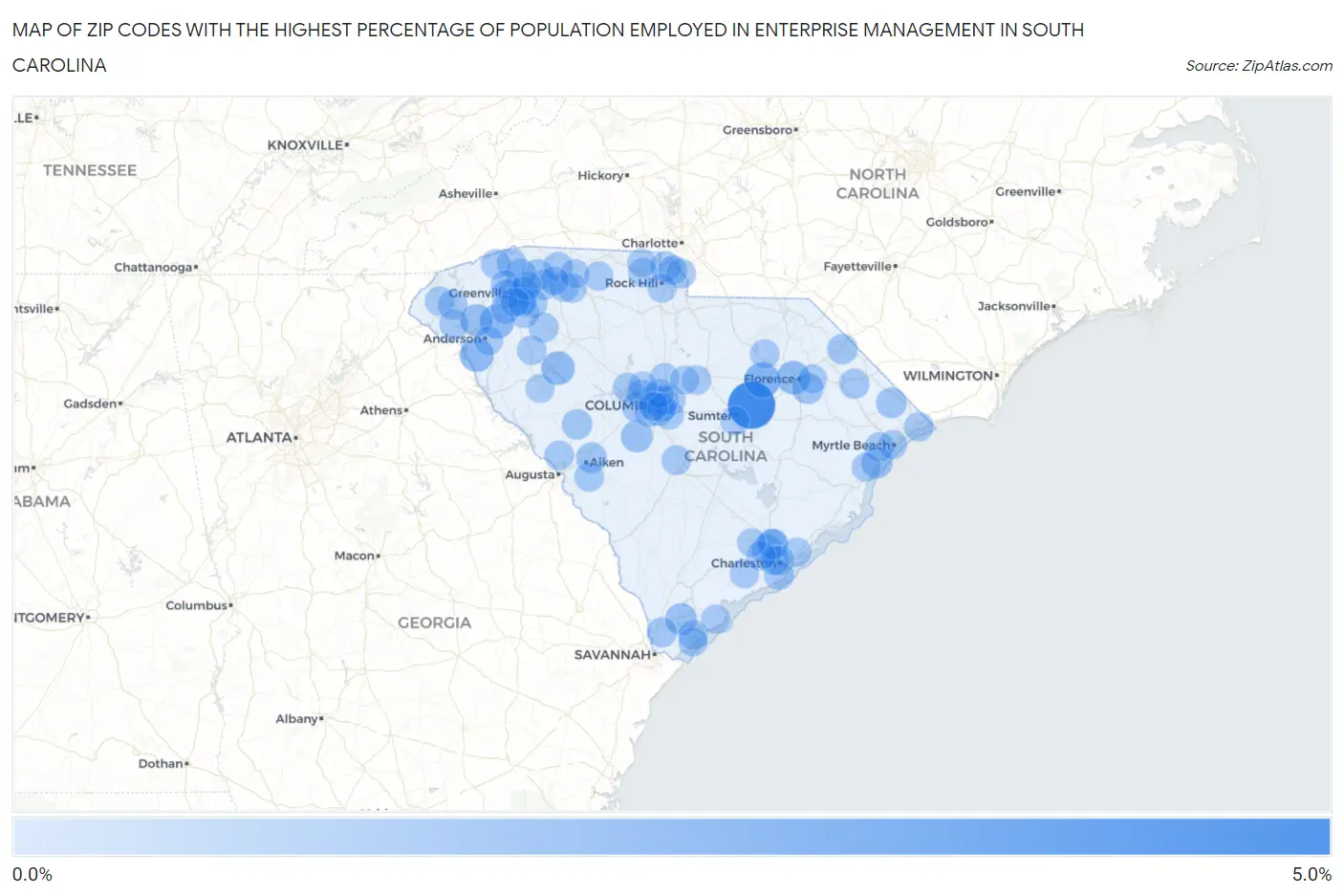 Zip Codes with the Highest Percentage of Population Employed in Enterprise Management in South Carolina Map