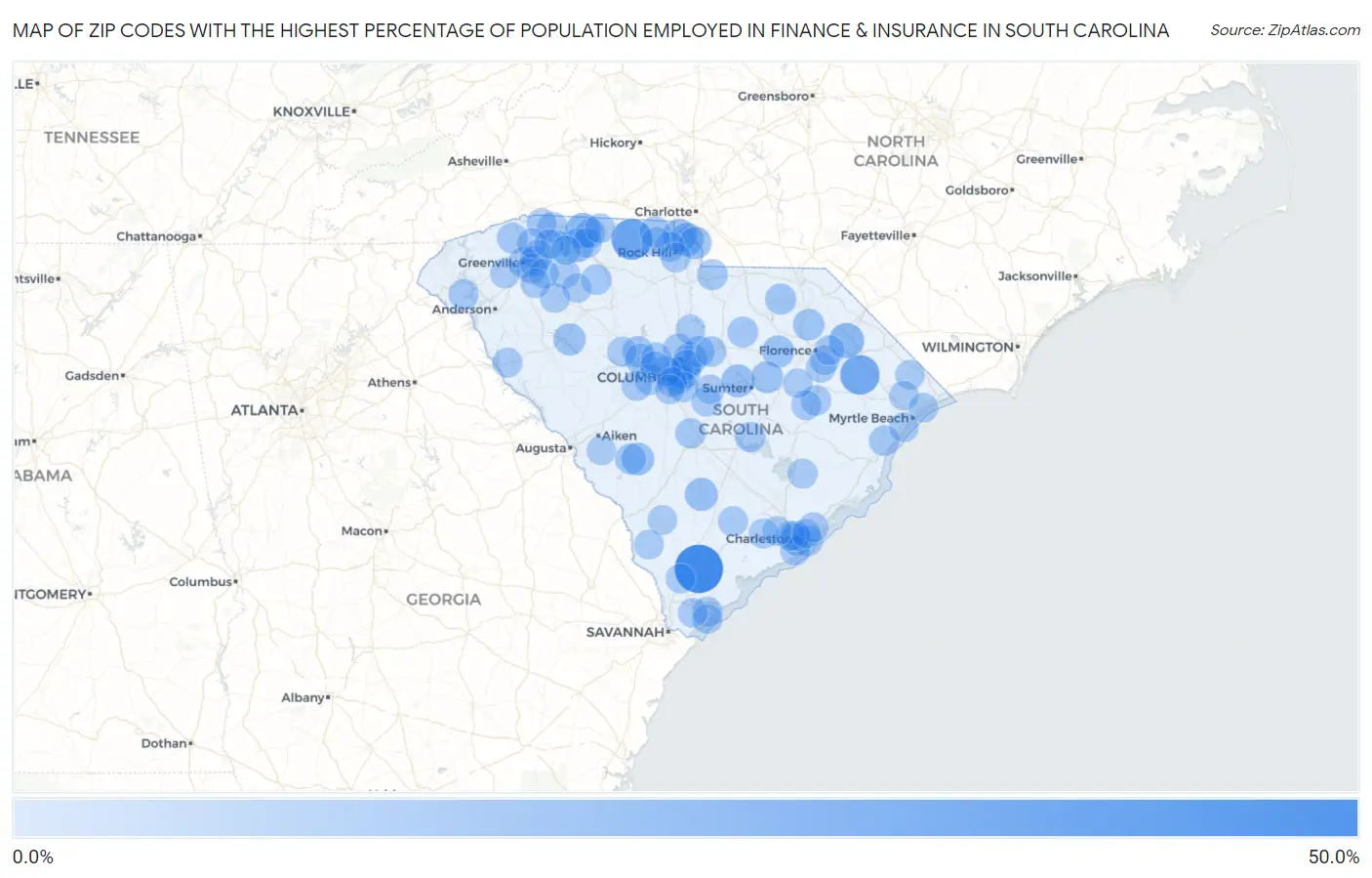Zip Codes with the Highest Percentage of Population Employed in Finance & Insurance in South Carolina Map