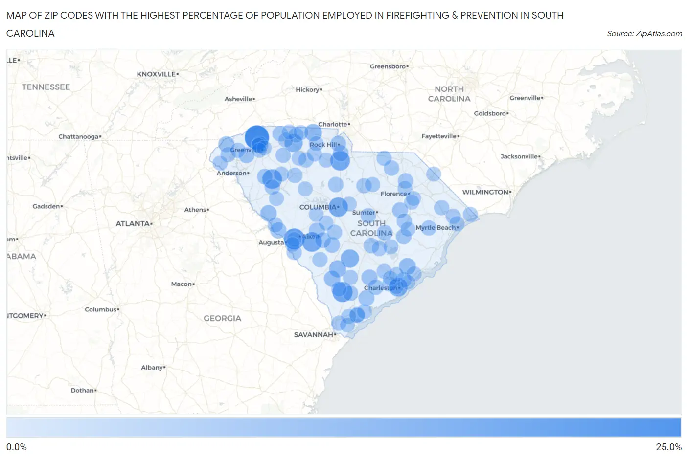 Zip Codes with the Highest Percentage of Population Employed in Firefighting & Prevention in South Carolina Map