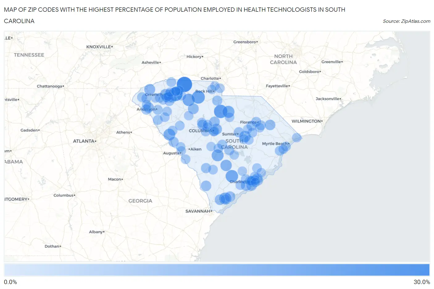 Zip Codes with the Highest Percentage of Population Employed in Health Technologists in South Carolina Map