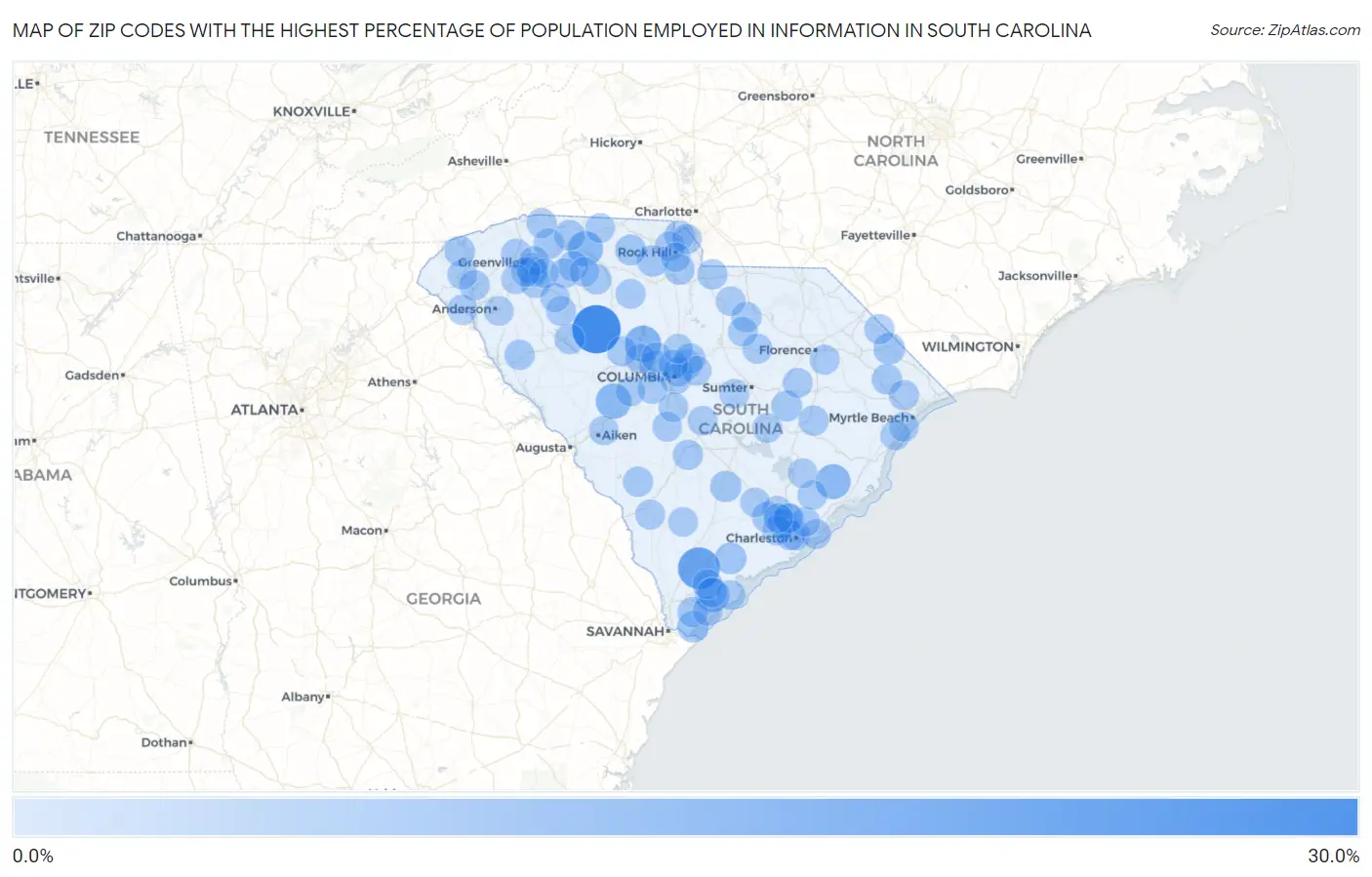 Zip Codes with the Highest Percentage of Population Employed in Information in South Carolina Map
