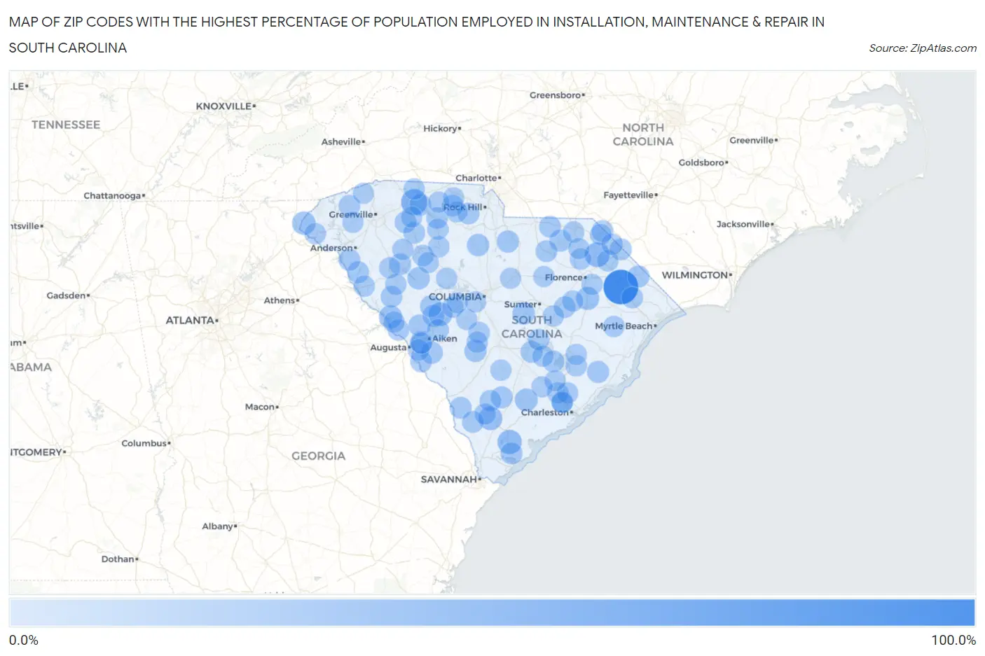 Zip Codes with the Highest Percentage of Population Employed in Installation, Maintenance & Repair in South Carolina Map
