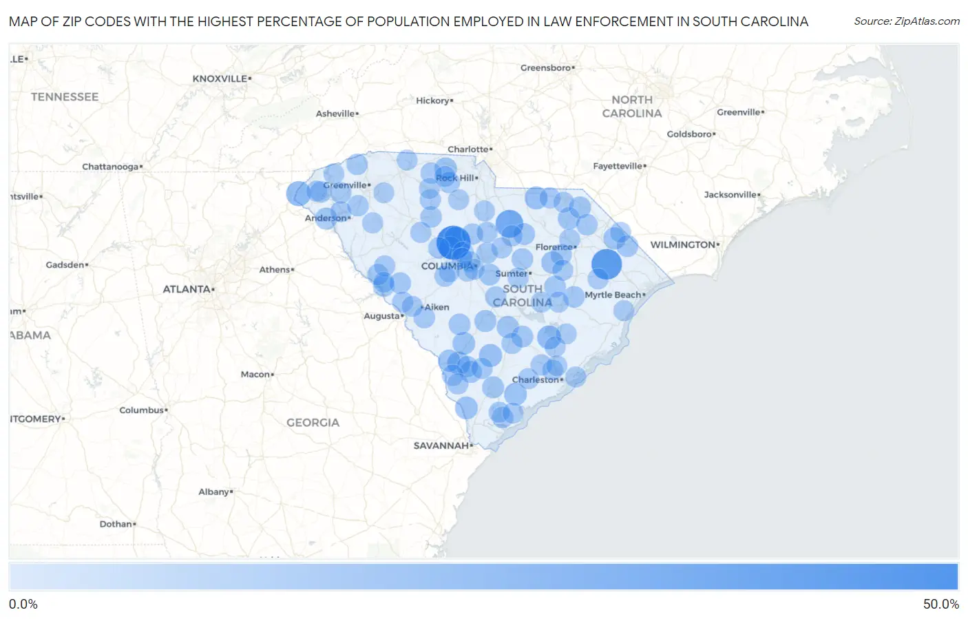 Zip Codes with the Highest Percentage of Population Employed in Law Enforcement in South Carolina Map