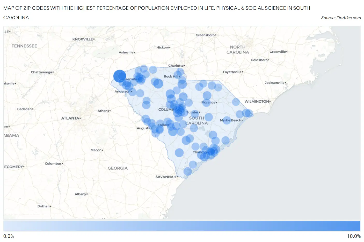 Zip Codes with the Highest Percentage of Population Employed in Life, Physical & Social Science in South Carolina Map