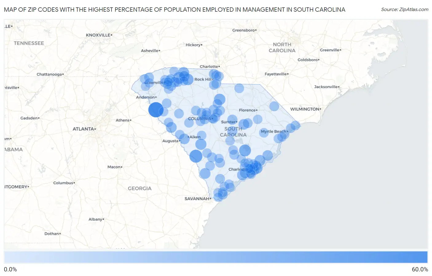 Zip Codes with the Highest Percentage of Population Employed in Management in South Carolina Map