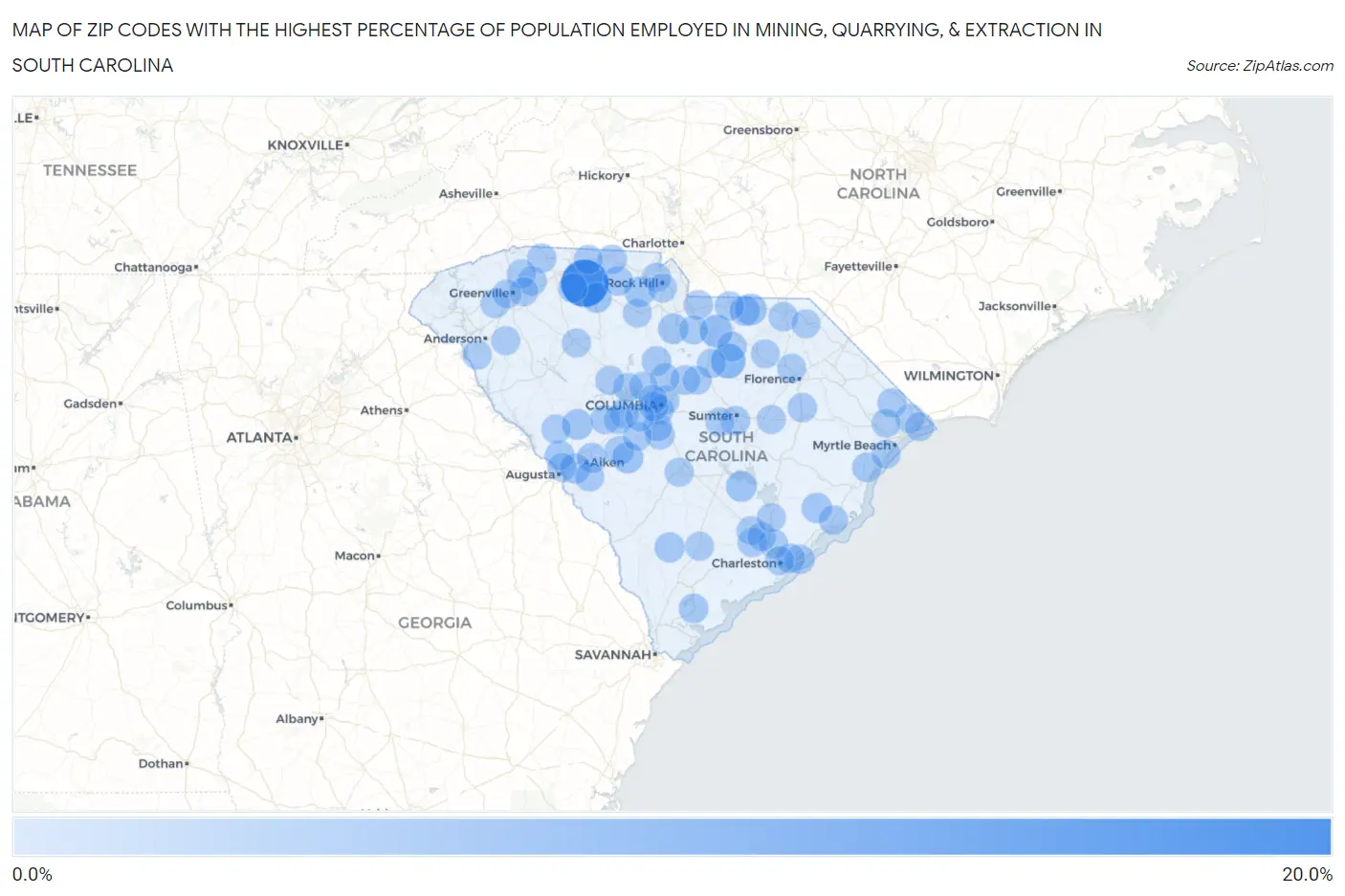 Zip Codes with the Highest Percentage of Population Employed in Mining, Quarrying, & Extraction in South Carolina Map
