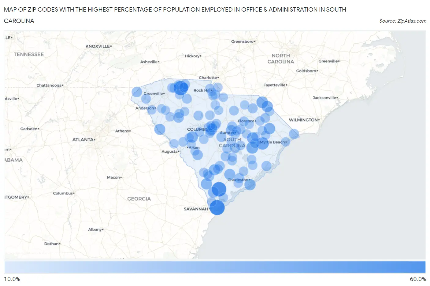 Zip Codes with the Highest Percentage of Population Employed in Office & Administration in South Carolina Map