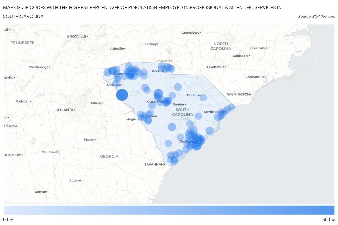Zip Codes with the Highest Percentage of Population Employed in Professional & Scientific Services in South Carolina Map