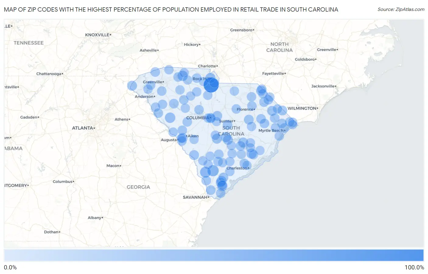 Zip Codes with the Highest Percentage of Population Employed in Retail Trade in South Carolina Map