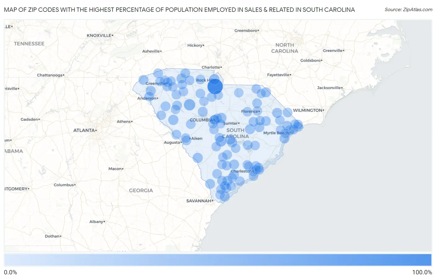 Zip Codes with the Highest Percentage of Population Employed in Sales & Related in South Carolina Map