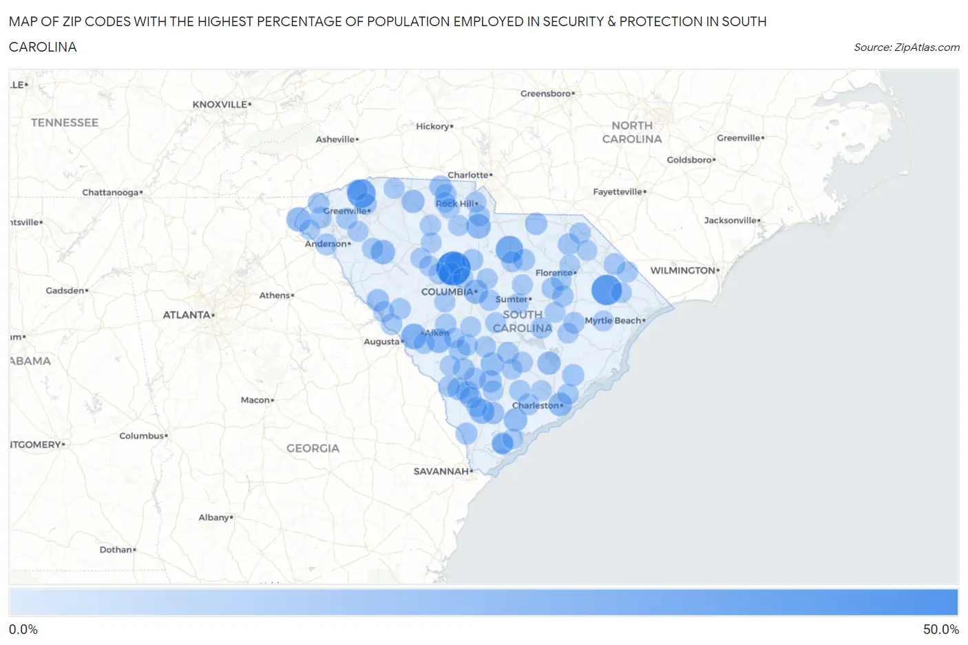 Zip Codes with the Highest Percentage of Population Employed in Security & Protection in South Carolina Map