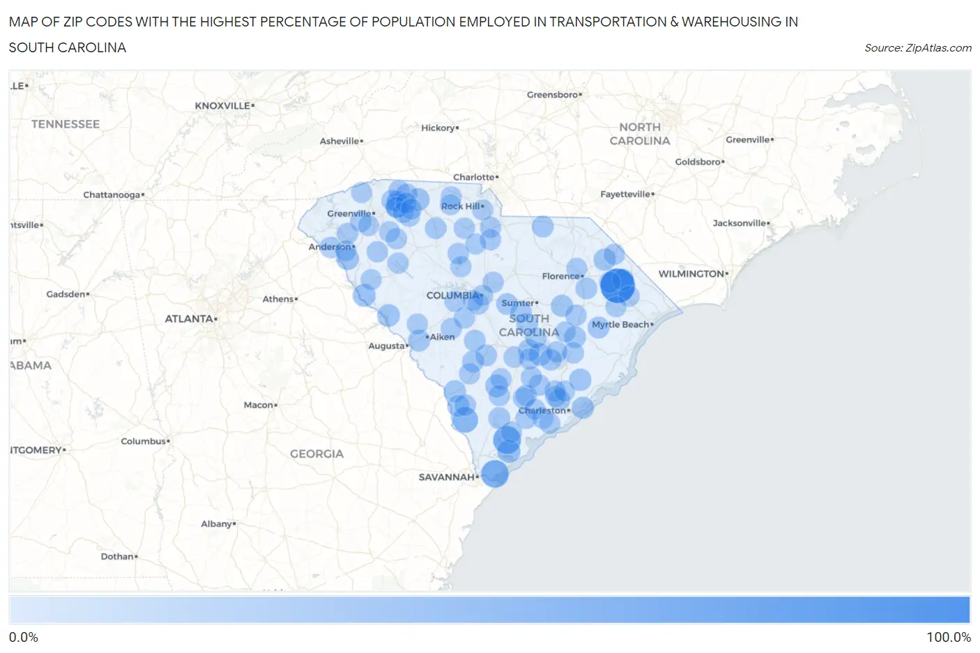 Zip Codes with the Highest Percentage of Population Employed in Transportation & Warehousing in South Carolina Map