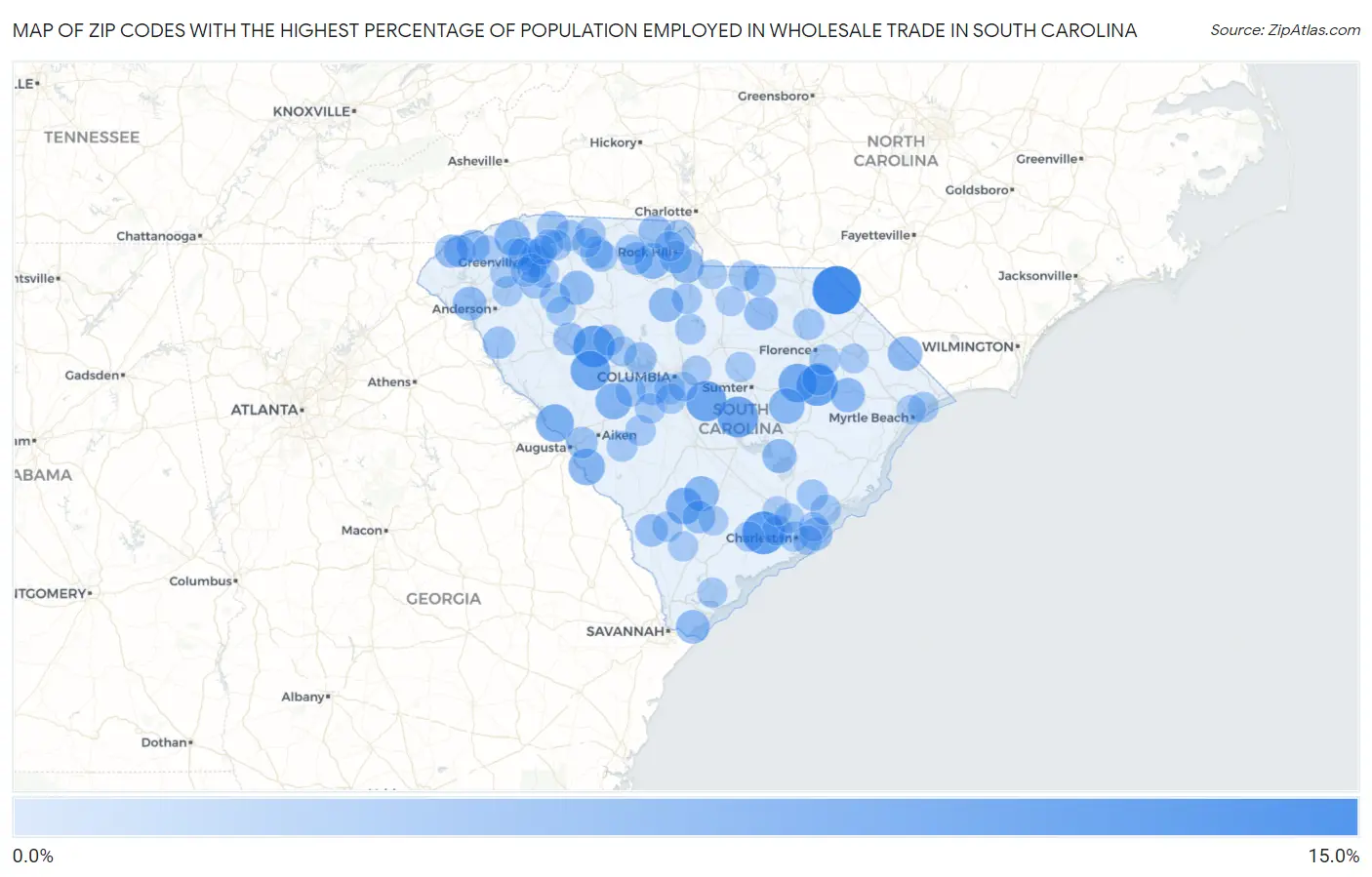 Zip Codes with the Highest Percentage of Population Employed in Wholesale Trade in South Carolina Map