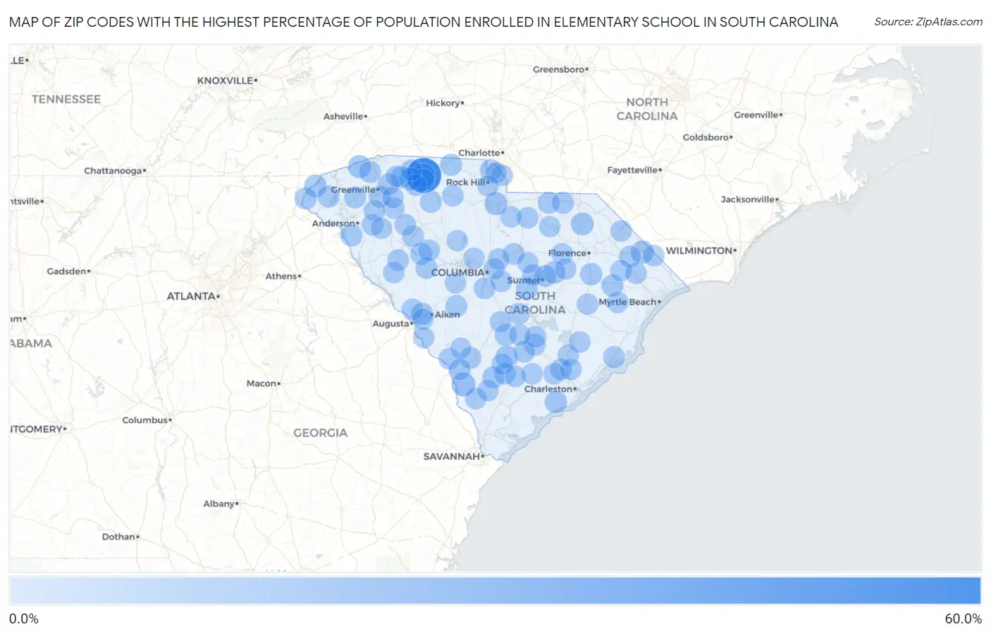 Zip Codes with the Highest Percentage of Population Enrolled in Elementary School in South Carolina Map