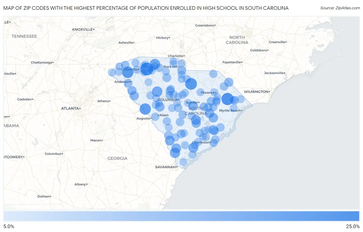 Zip Codes with the Highest Percentage of Population Enrolled in High School in South Carolina Map