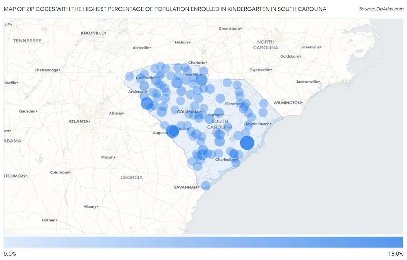 Zip Codes with the Highest Percentage of Population Enrolled in Kindergarten in South Carolina Map