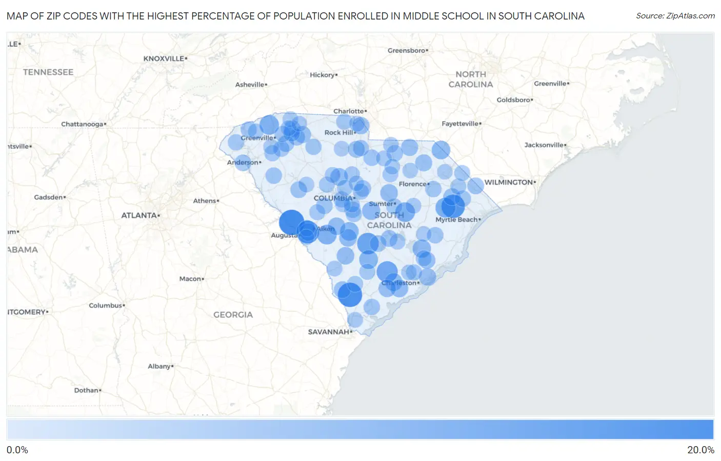 Zip Codes with the Highest Percentage of Population Enrolled in Middle School in South Carolina Map
