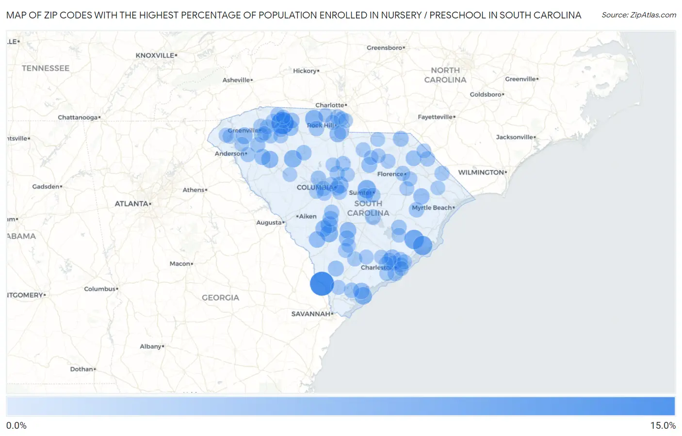 Zip Codes with the Highest Percentage of Population Enrolled in Nursery / Preschool in South Carolina Map