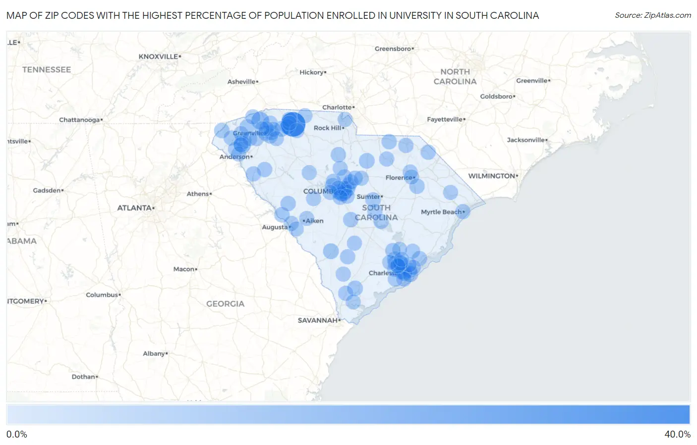 Zip Codes with the Highest Percentage of Population Enrolled in University in South Carolina Map