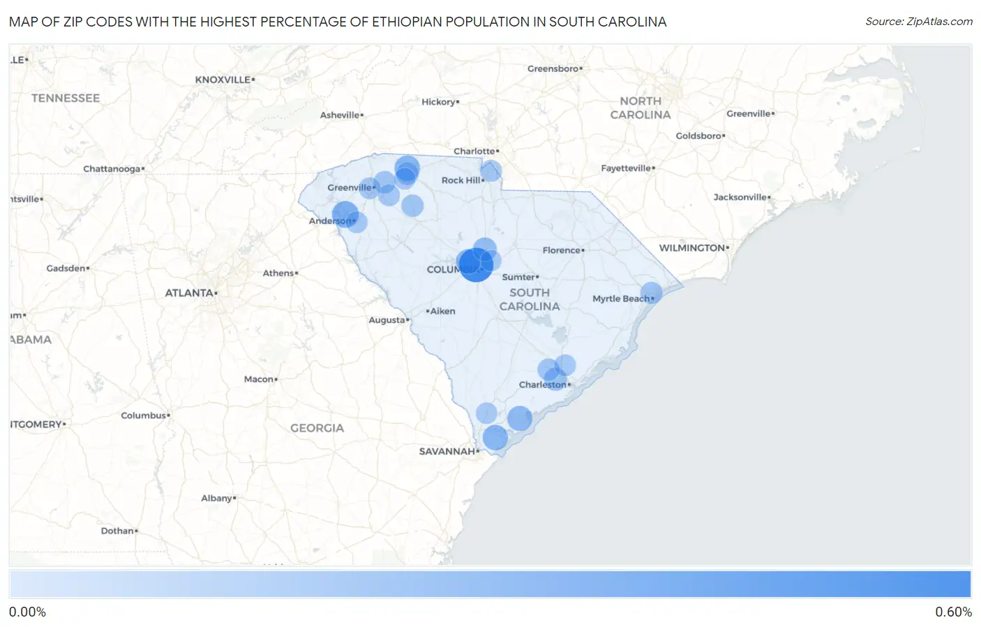 Zip Codes with the Highest Percentage of Ethiopian Population in South Carolina Map