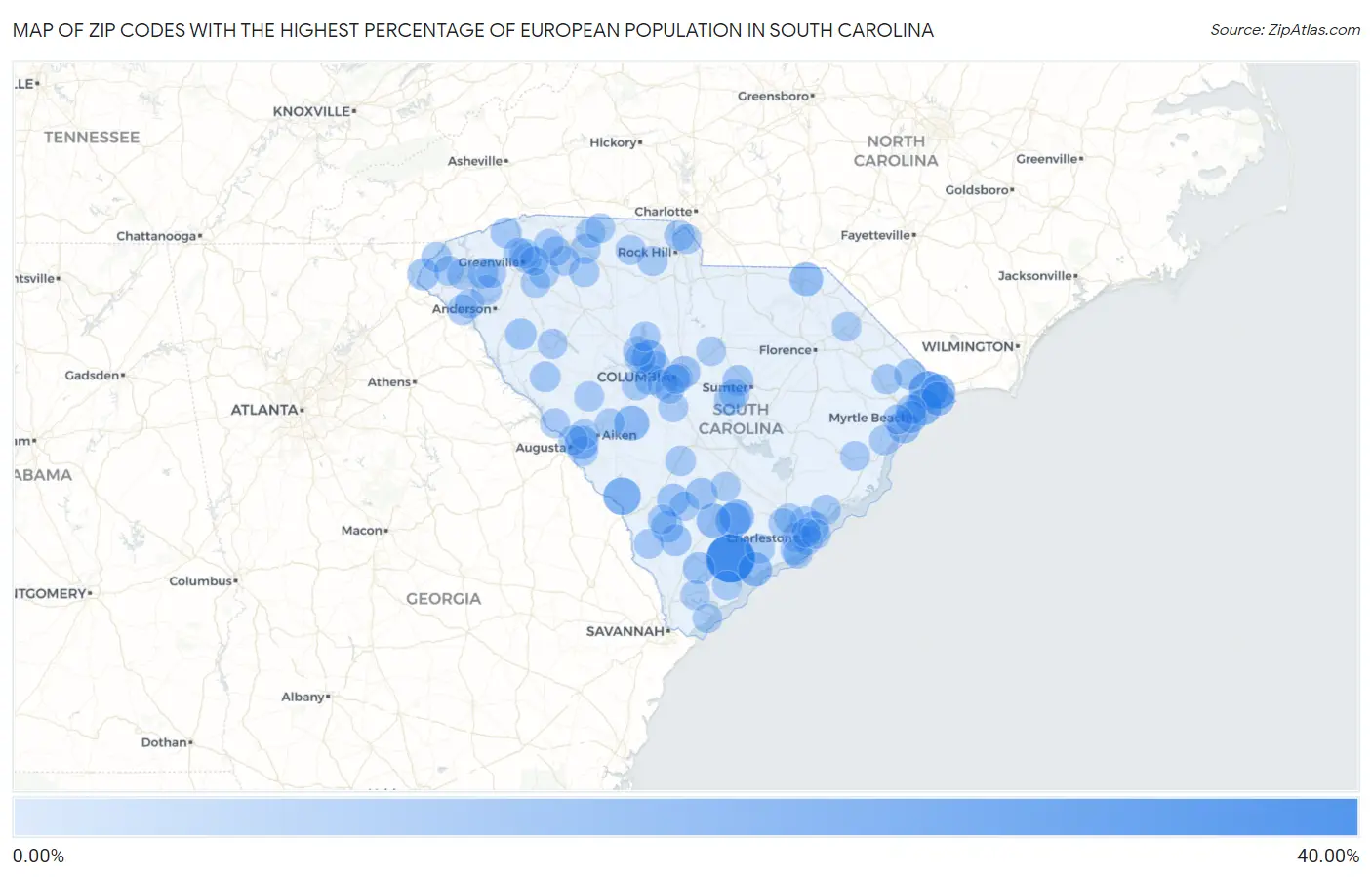 Zip Codes with the Highest Percentage of European Population in South Carolina Map