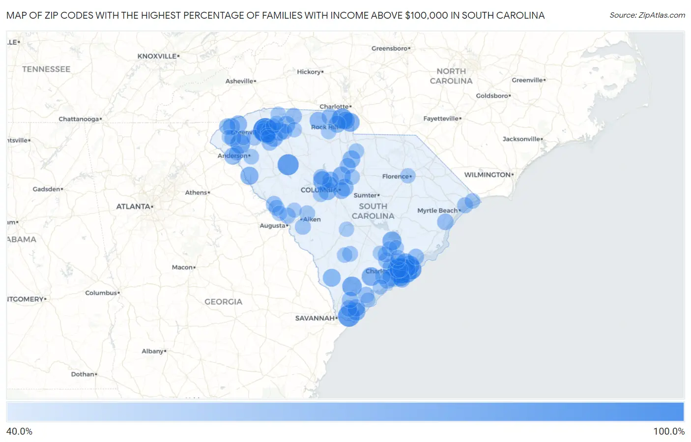Zip Codes with the Highest Percentage of Families with Income Above $100,000 in South Carolina Map