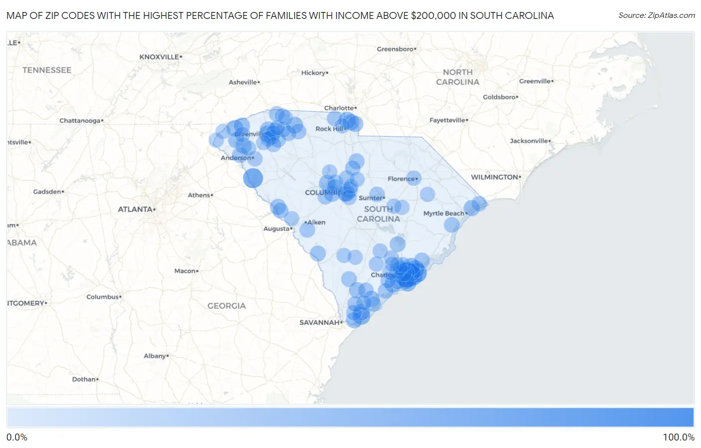 Zip Codes with the Highest Percentage of Families with Income Above $200,000 in South Carolina Map