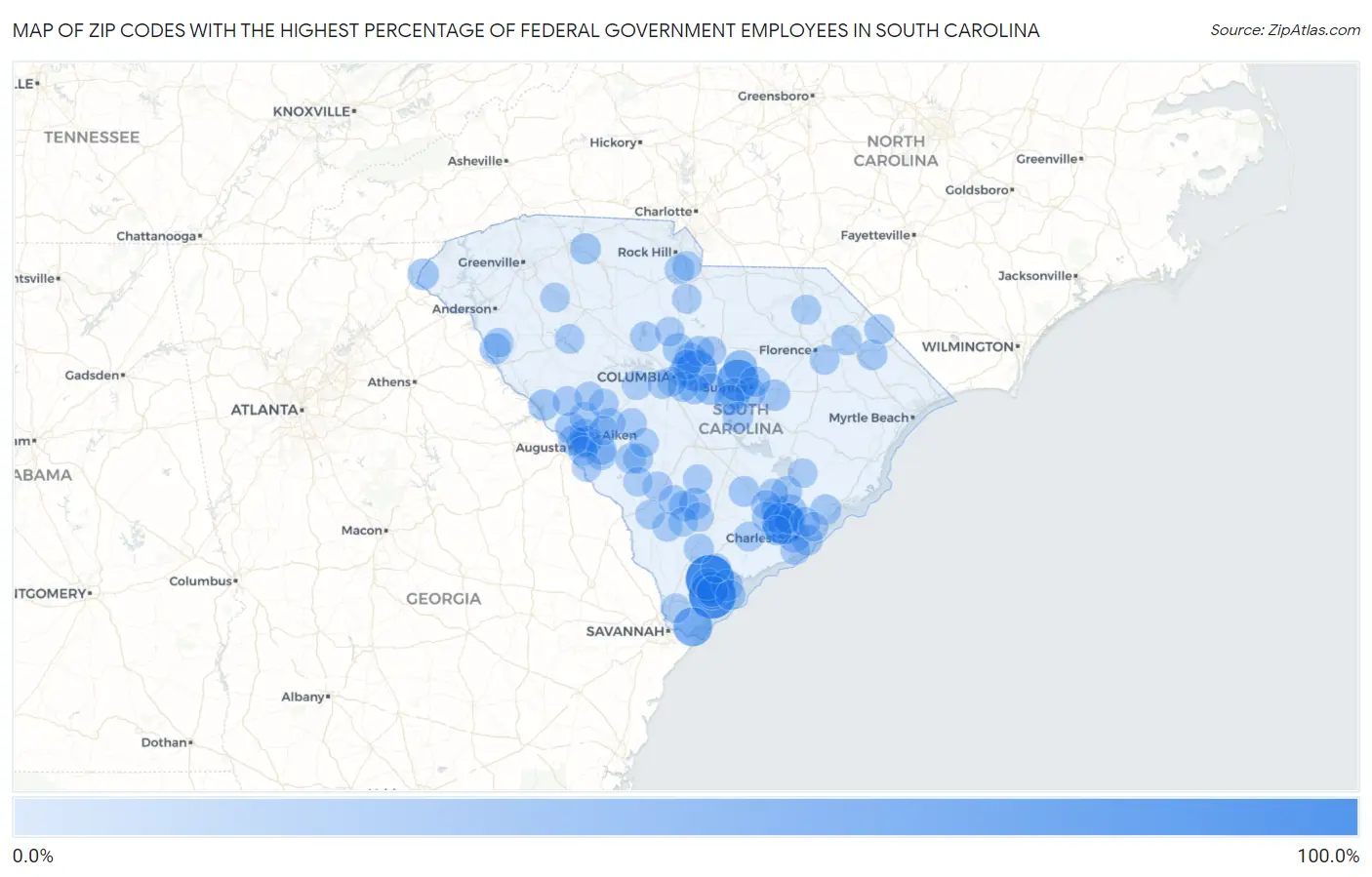 Zip Codes with the Highest Percentage of Federal Government Employees in South Carolina Map