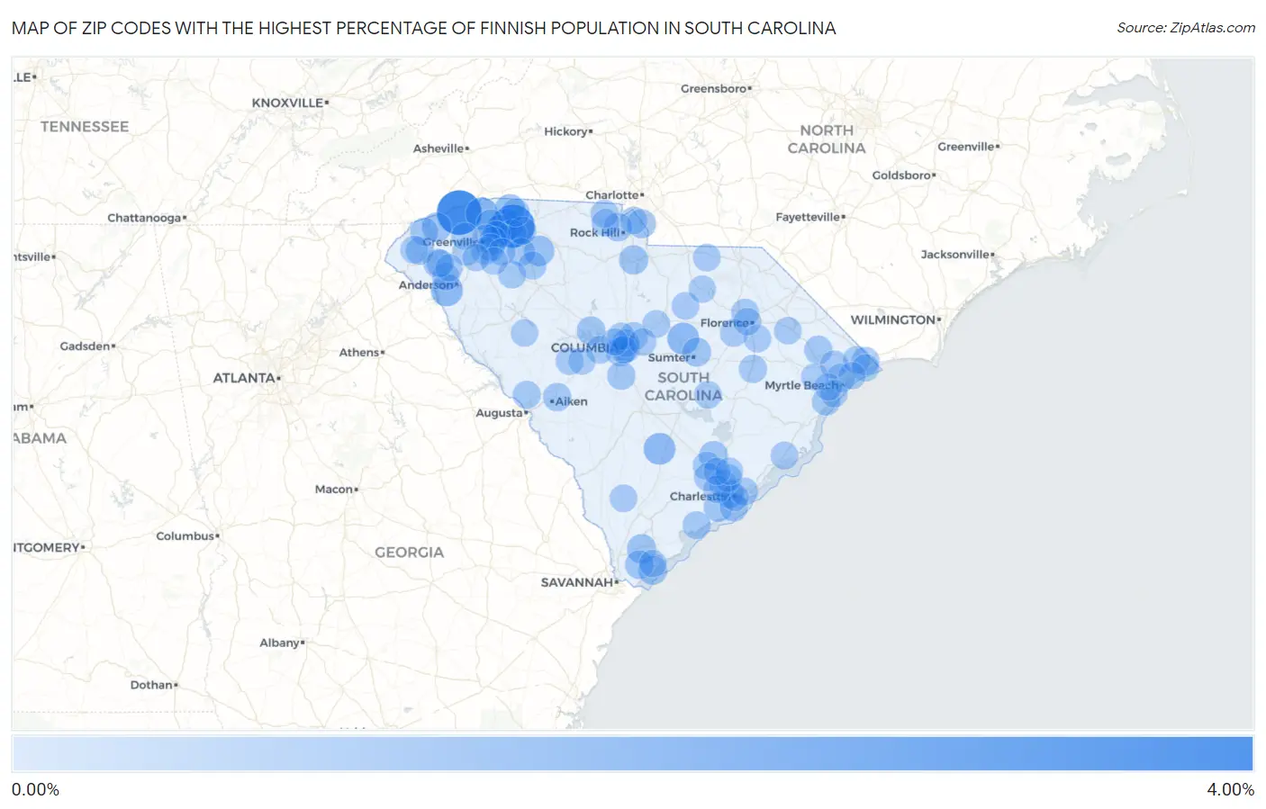 Zip Codes with the Highest Percentage of Finnish Population in South Carolina Map