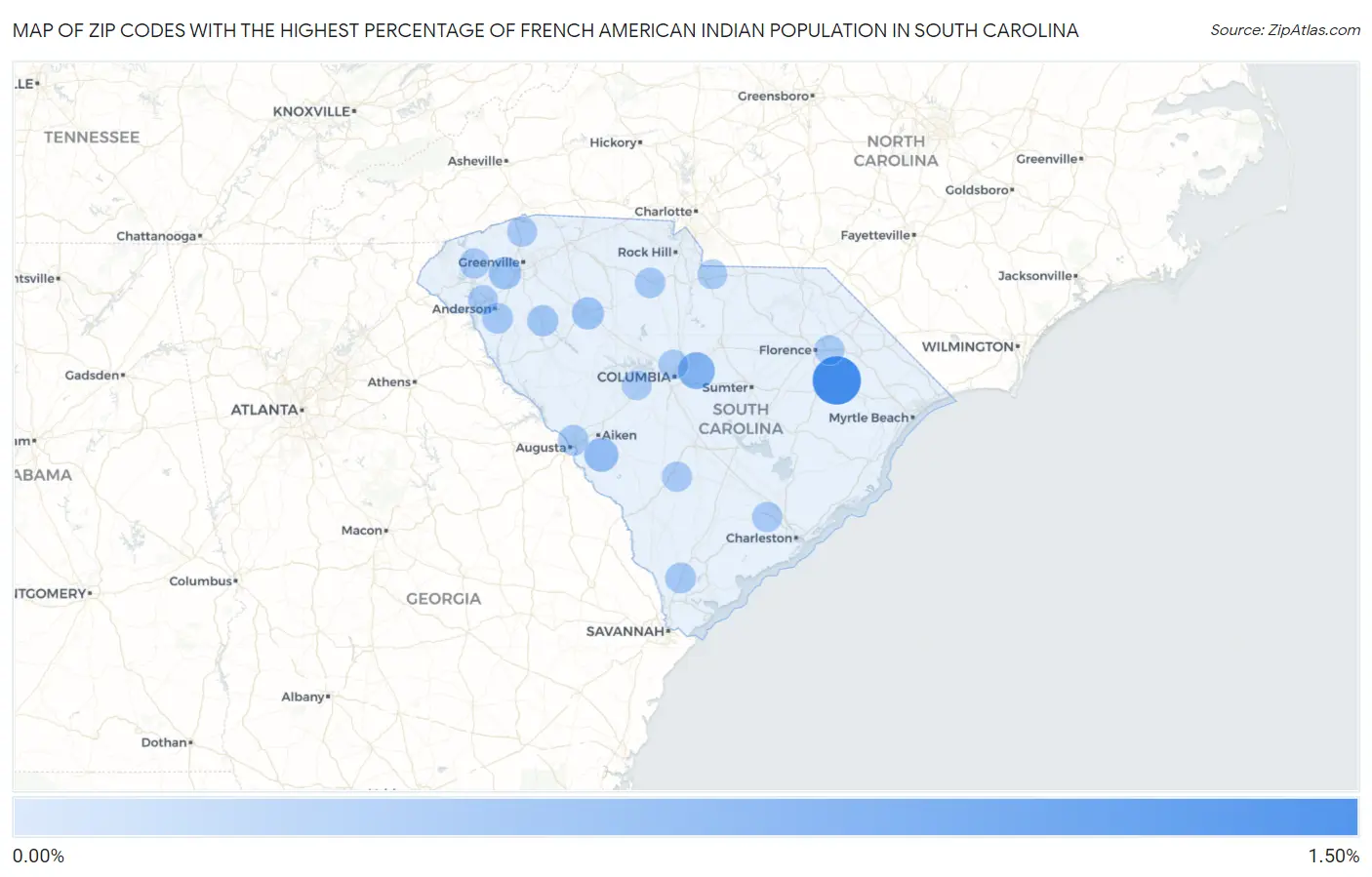 Zip Codes with the Highest Percentage of French American Indian Population in South Carolina Map