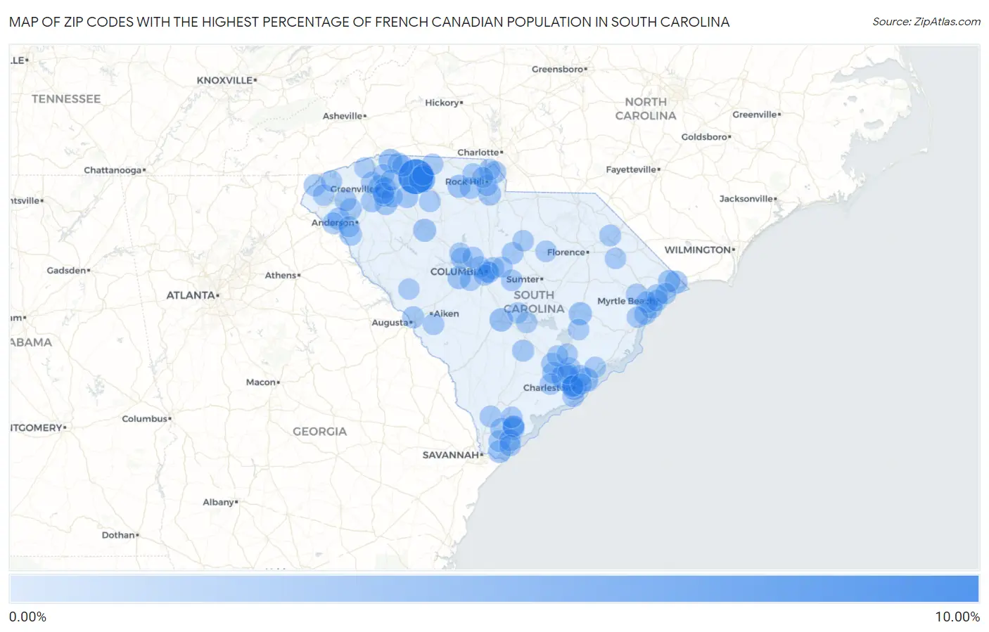 Zip Codes with the Highest Percentage of French Canadian Population in South Carolina Map