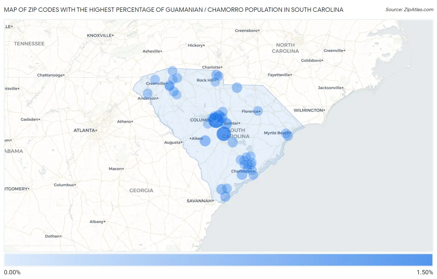 Zip Codes with the Highest Percentage of Guamanian / Chamorro Population in South Carolina Map