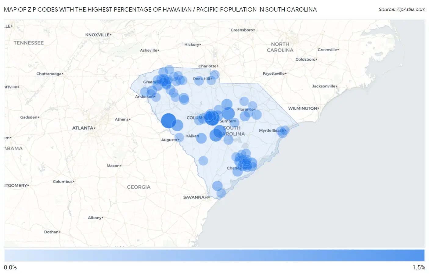 Zip Codes with the Highest Percentage of Hawaiian / Pacific Population in South Carolina Map