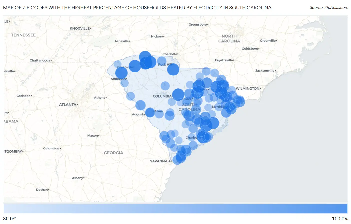 Zip Codes with the Highest Percentage of Households Heated by Electricity in South Carolina Map