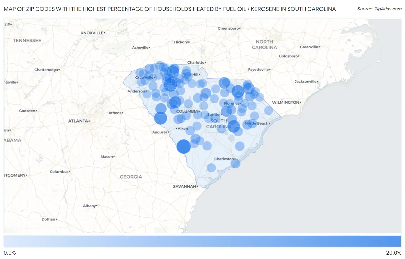 Zip Codes with the Highest Percentage of Households Heated by Fuel Oil / Kerosene in South Carolina Map