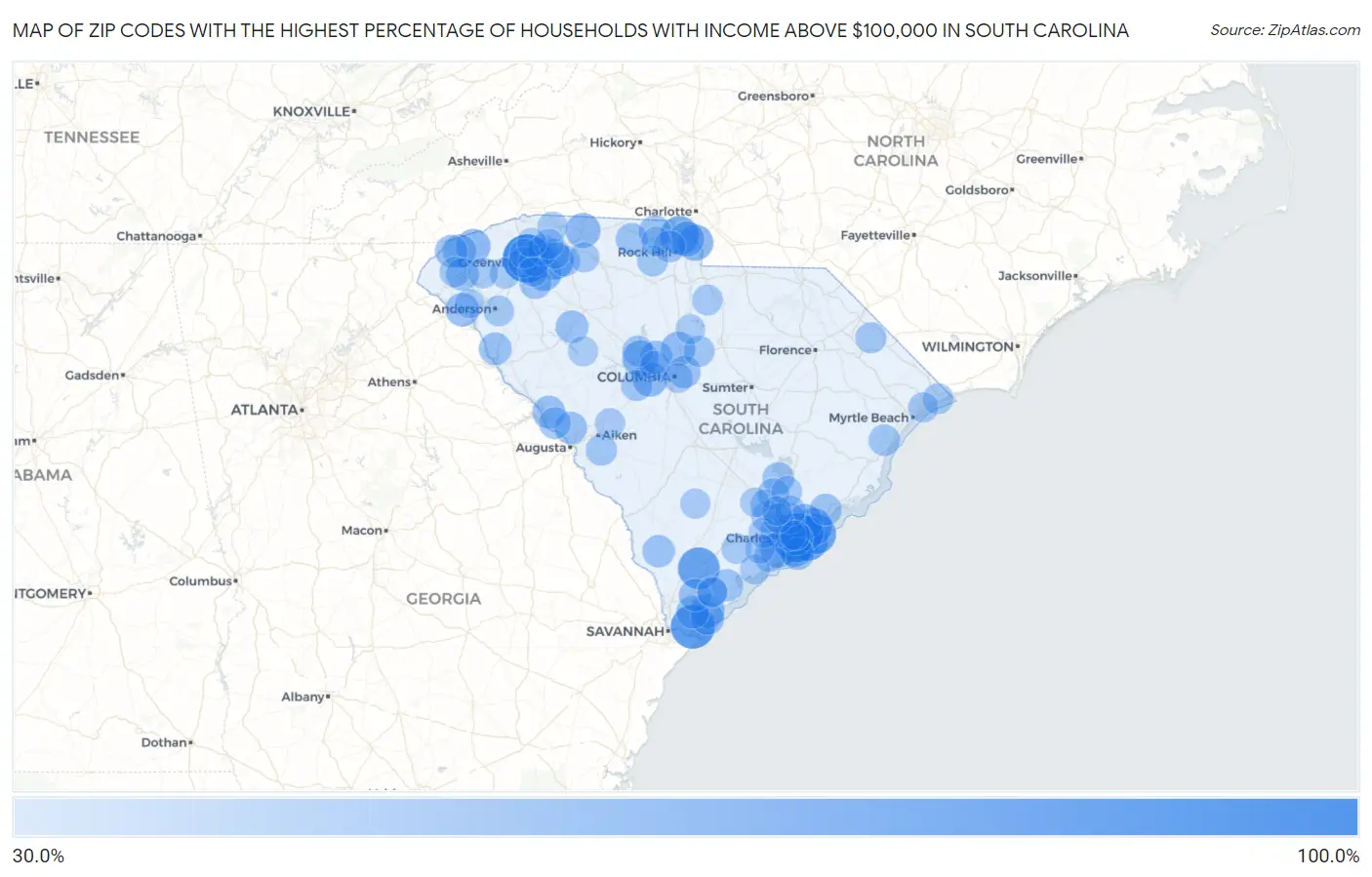 Zip Codes with the Highest Percentage of Households with Income Above $100,000 in South Carolina Map