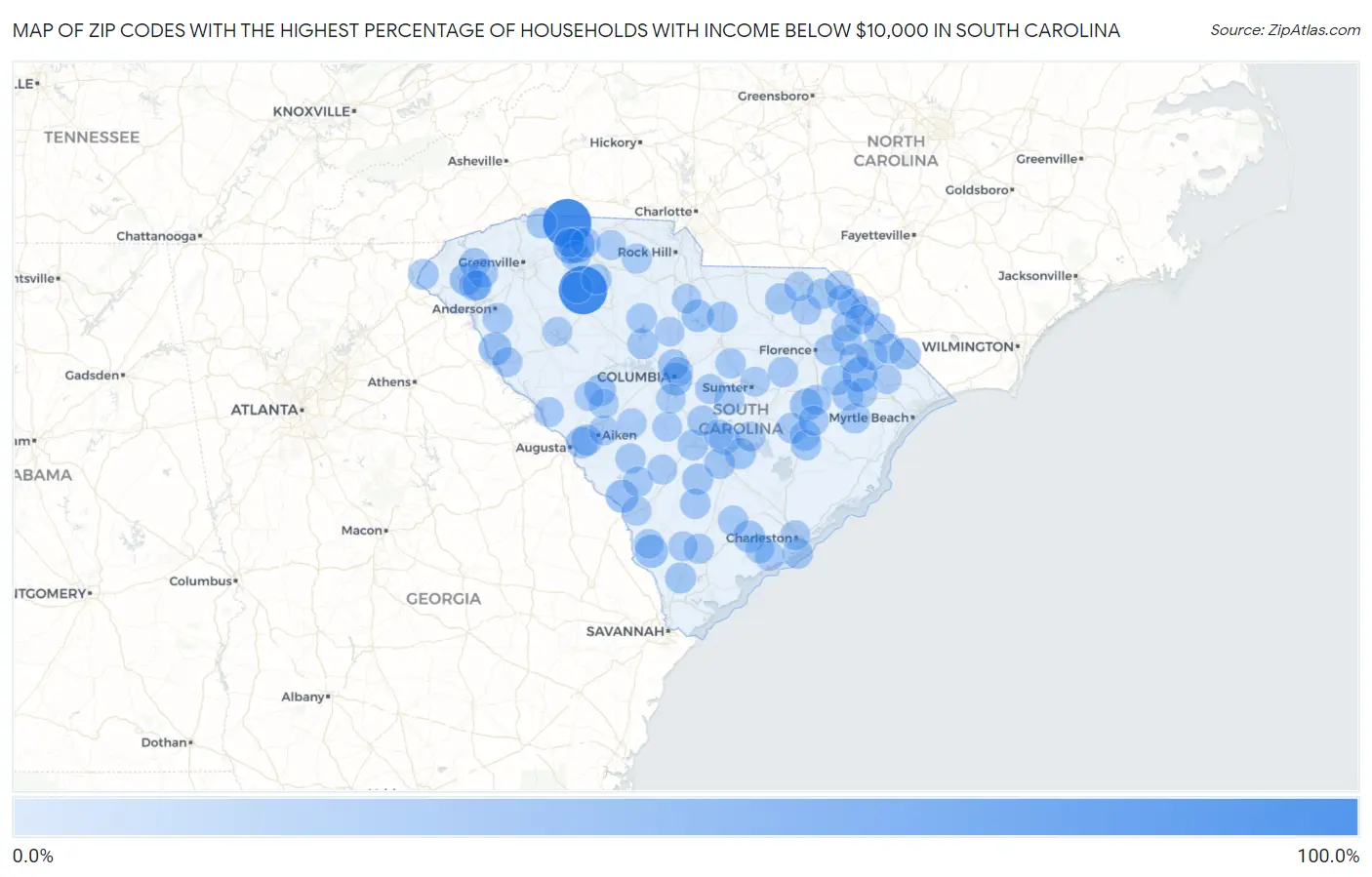 Zip Codes with the Highest Percentage of Households with Income Below $10,000 in South Carolina Map